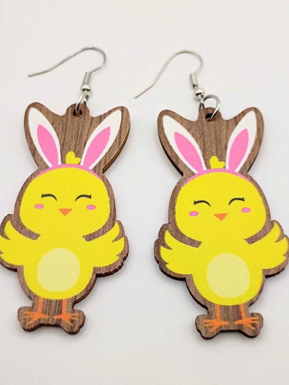 Cute Yellow Bunny Chick Wooden Dangle Earrings
